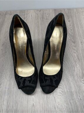 ANTONIO MELANI Black Suede Peep-Toe Heels with Stud Detail
